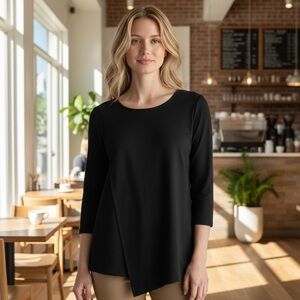 NWOT Lafayette 148‎ Women’s Black Jersey Three Quarter Sleeve Top Asymmetrical